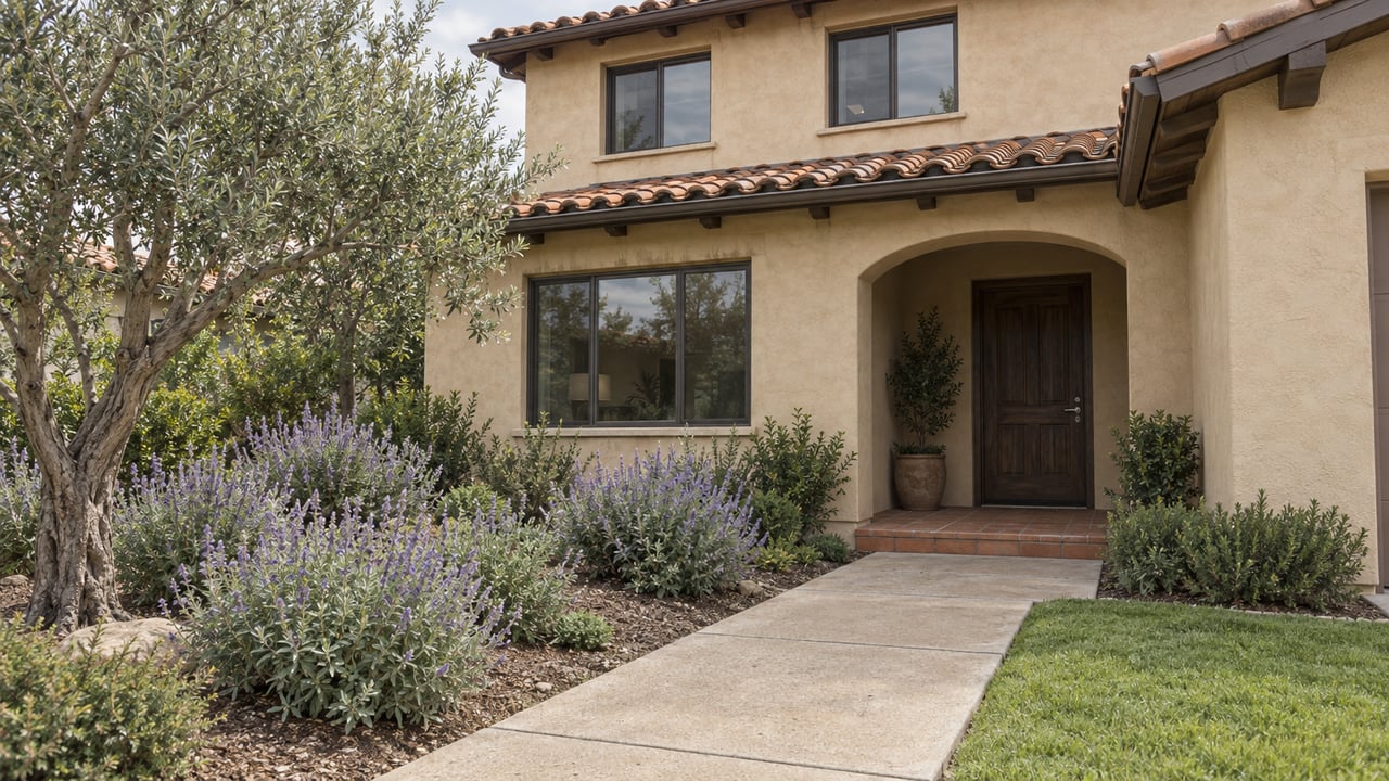 Sand-colored stucco home with terracotta roof tiles, an arched recessed entry, olive tree and planted front approach in soft morning daylight.