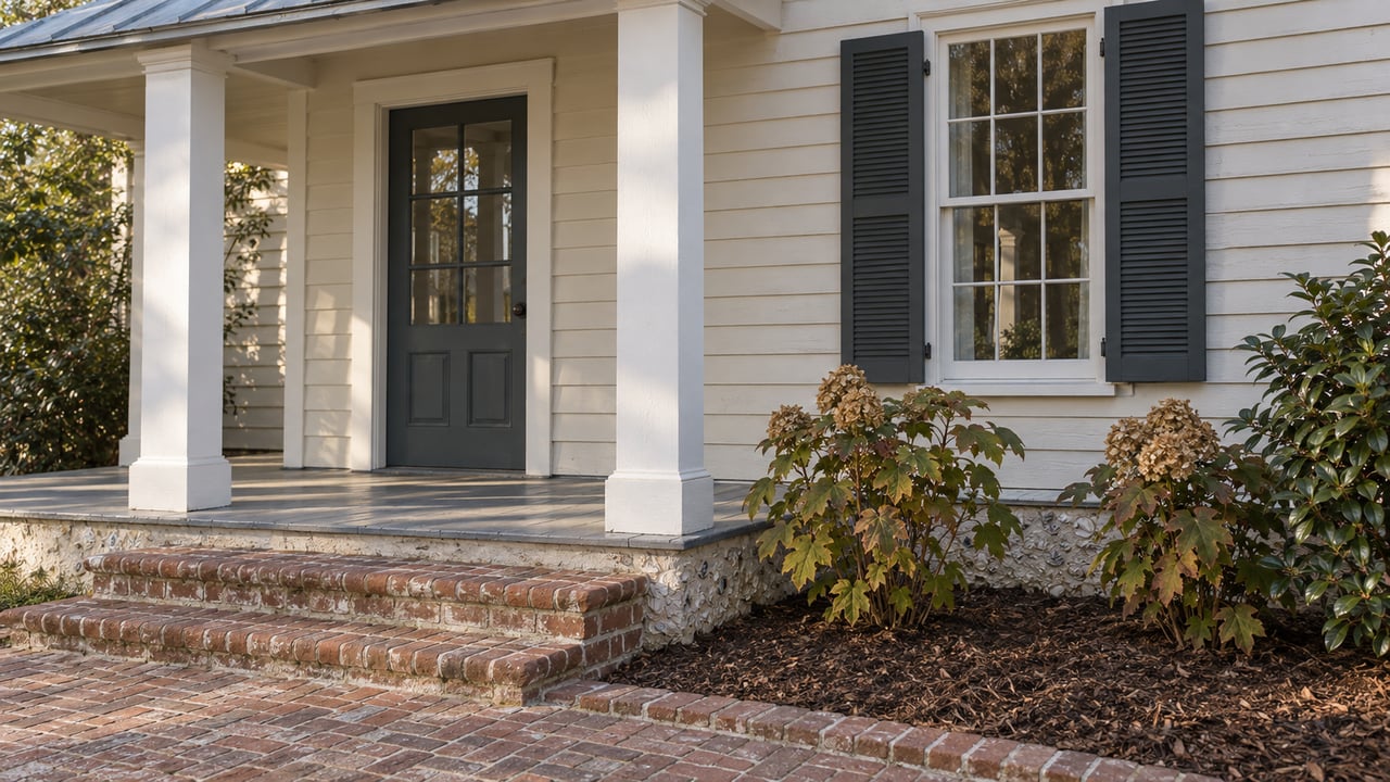 Cream clapboard residence with white porch columns, paired dark shutters, worn brick steps and oakleaf hydrangeas.