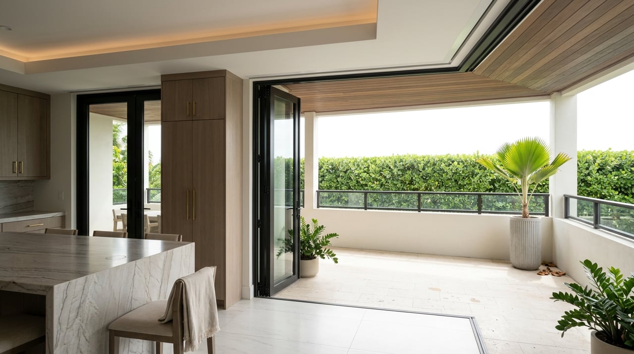 Waterfront kitchen with a stone island opening onto a travertine terrace, clipped hedge, and fan-shaped palm.
