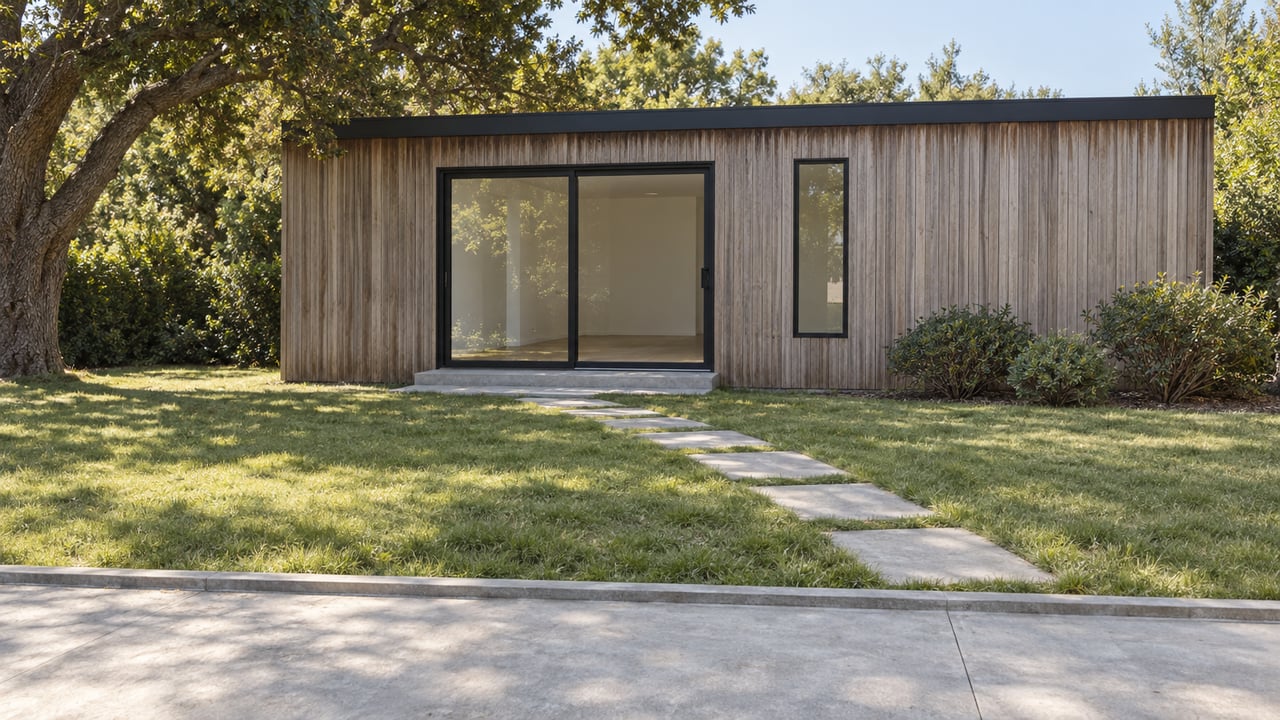Detached garden dwelling with weathered timber cladding, a glass door, and a stepping path across the lawn.