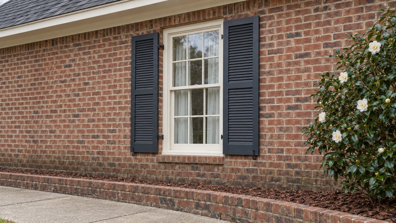 Brick house facade with a white divided-light window, dark shutters, and flowering shrub.