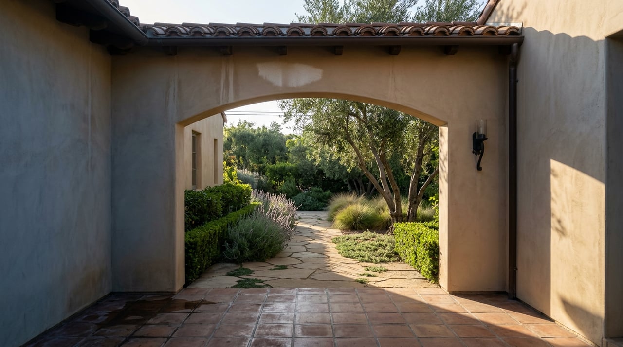 Sunlit flagstone path winds through a garden with an olive tree, lavender, and clipped boxwood, framed by a stucco arch.