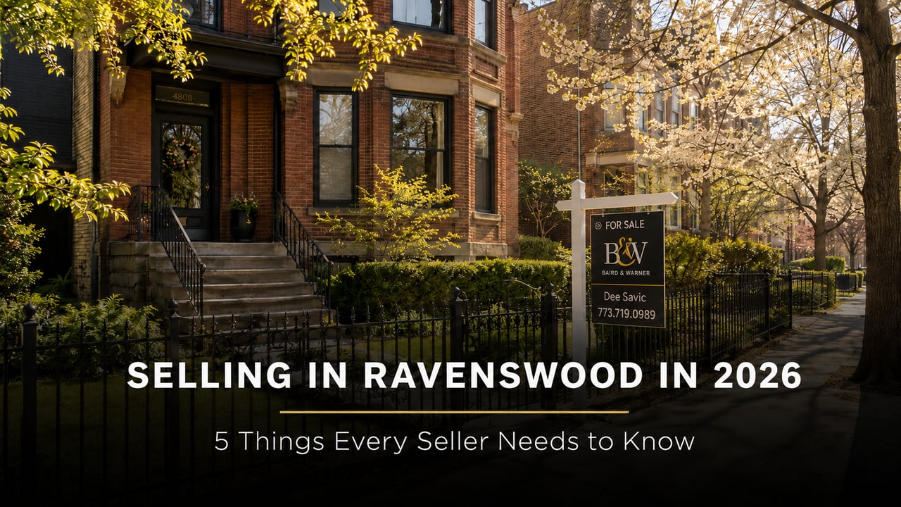  For sale sign in front of classic brick home on tree-lined street in Ravenswood Chicago