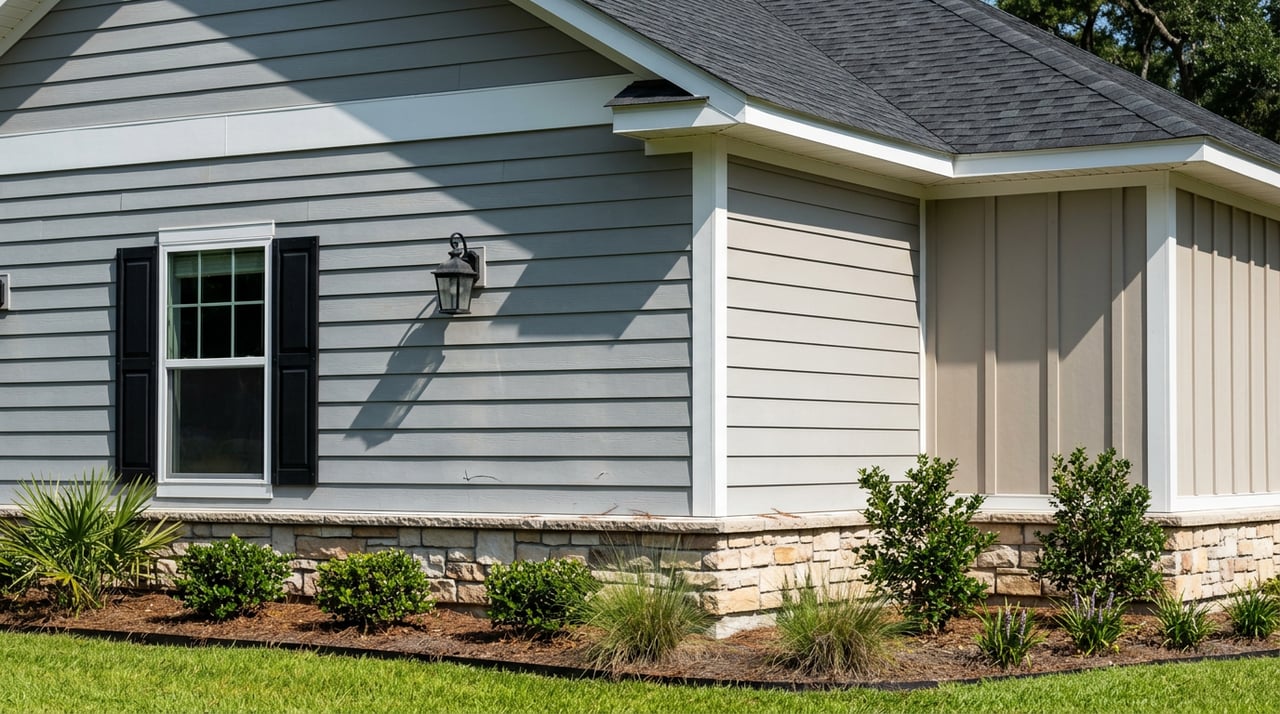Gray-sided house corner with white trim, a shuttered window, black lantern, stone base, and pine-straw planting bed.
