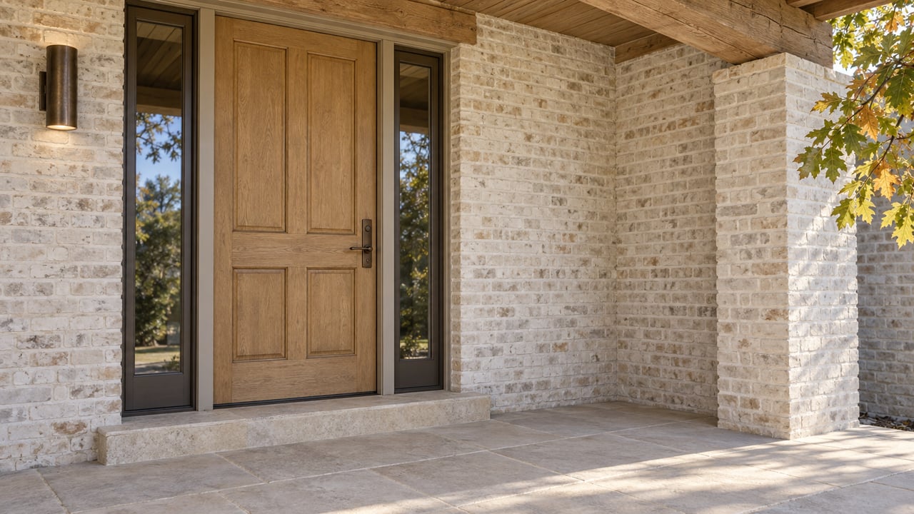 Covered home entry with a paneled oak door, paired glass sidelights, pale brick and limestone porch paving.