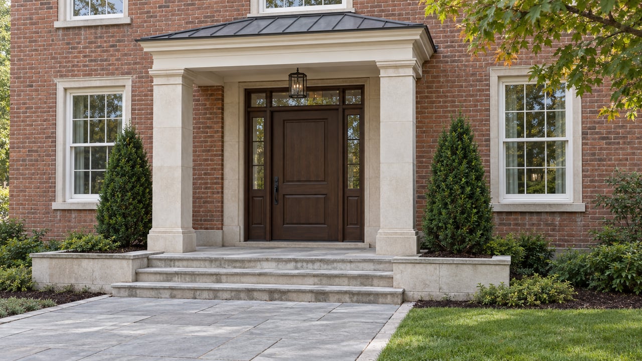 A red-brown brick home's covered limestone entrance with a walnut door, paired sidelights, broad stone steps and clipped yews.
