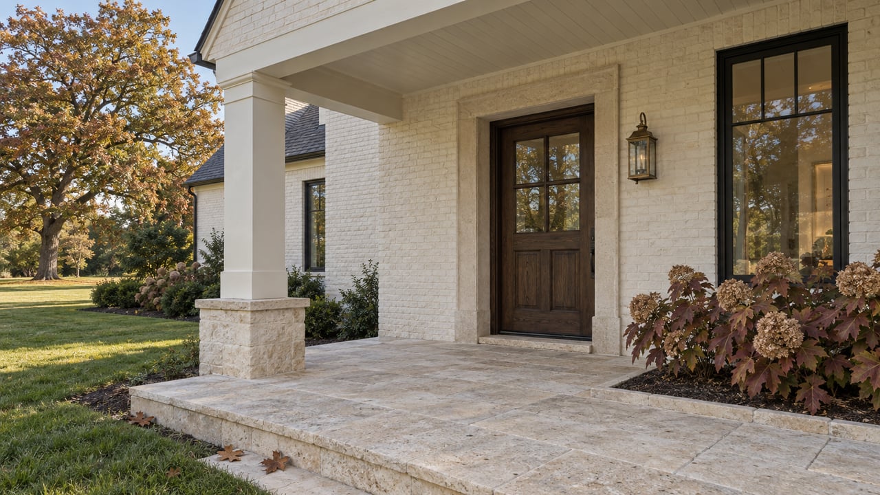 Cream painted-brick home with a limestone porch, dark oak entrance and black-framed window beside an autumn lawn.
