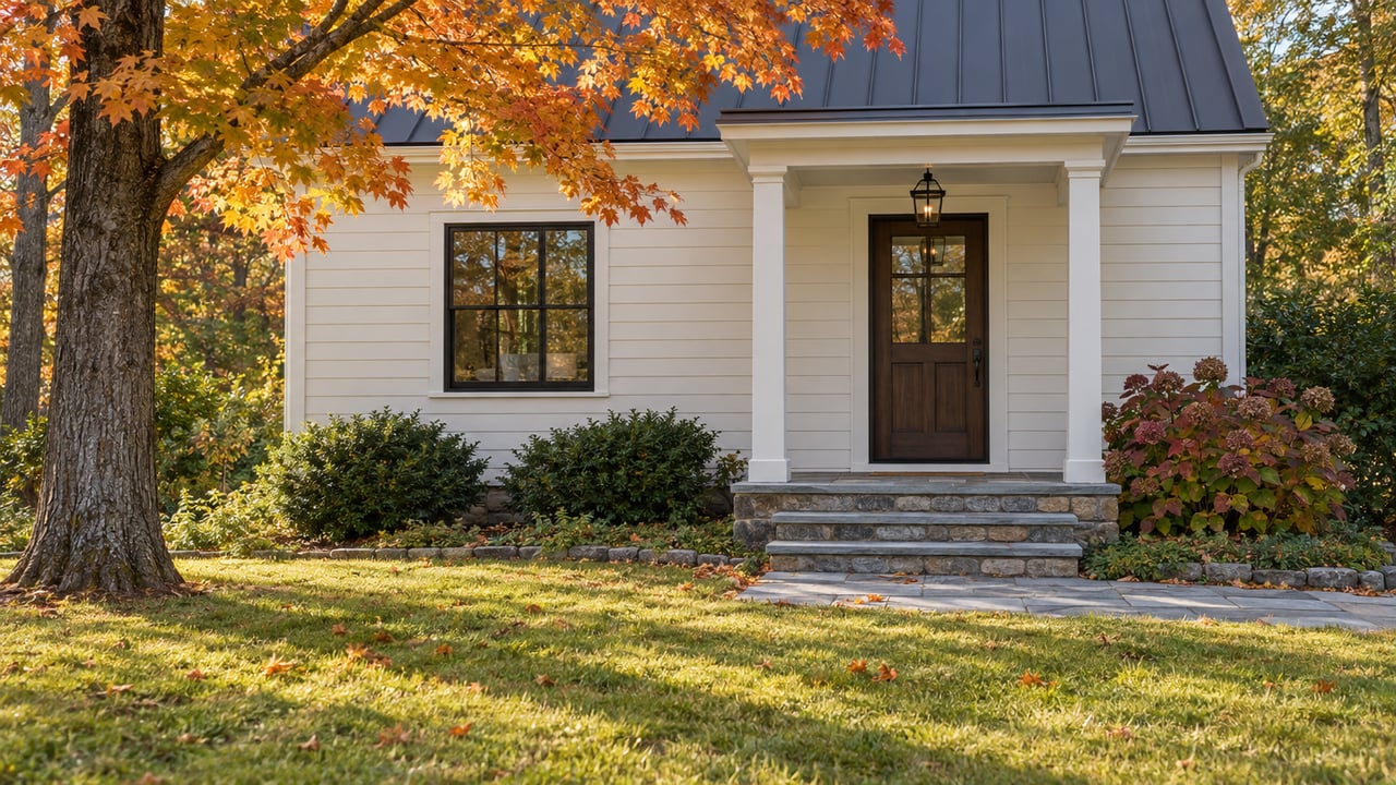 Off-white clapboard home with a dark wood door, stone steps, and an amber maple beside the lawn.
