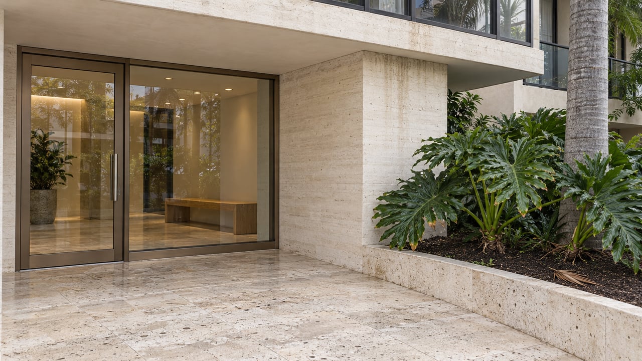 Cream concrete condominium entrance with bronze-framed glass, weathered travertine paving and a raised tropical planting bed.
