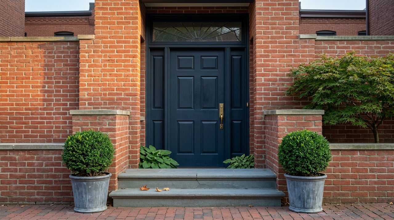 Deep blue-black paneled rowhouse door with brass hardware, leaded transom, and bluestone steps in a brick alcove.