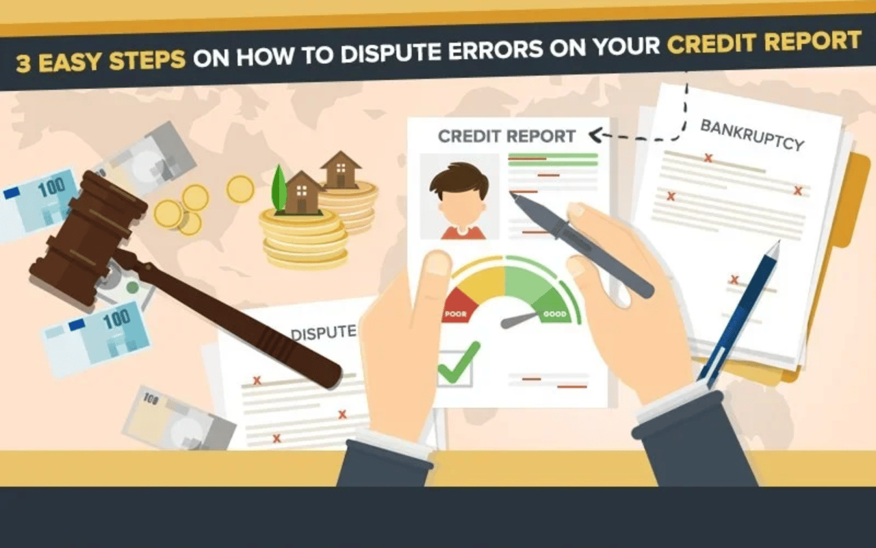 Illustration about disputing credit report errors, with marked documents and a credit score gauge.