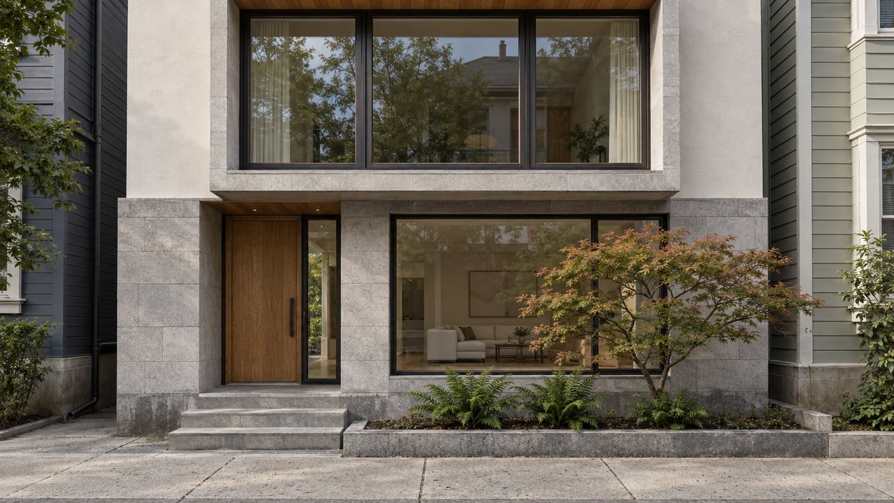 Contemporary home with a stone facade, broad windows, a wood front door, and a landscaped front bed.