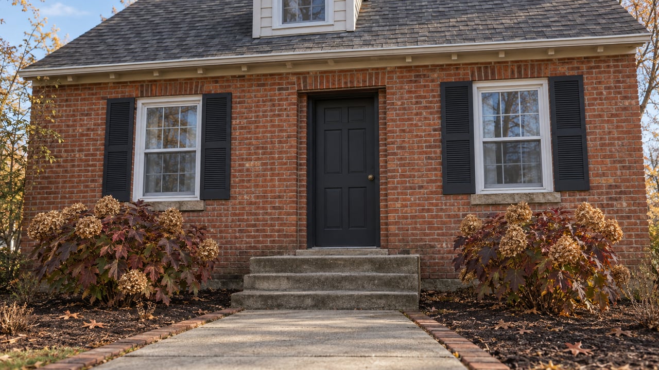Late-autumn sunlight on a brick home’s concrete stoop, dark front door, shuttered windows and oakleaf hydrangeas.