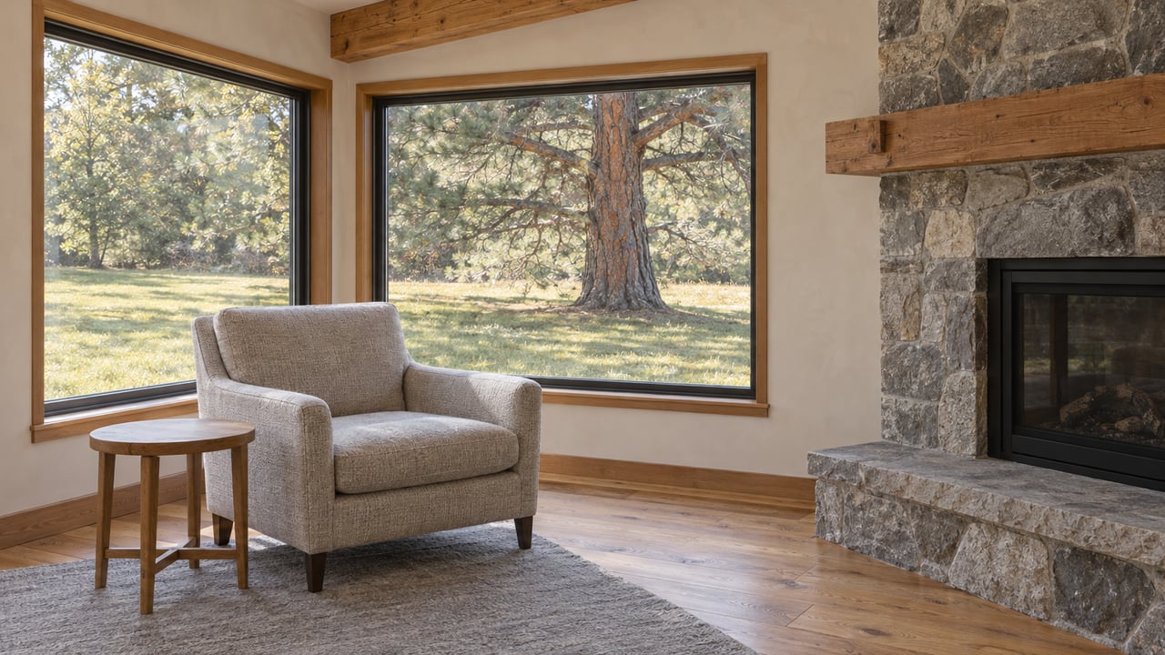 Sunlit living-room corner with timber beam, stone fireplace, wool armchair and broad windows overlooking an autumn lawn and mature pine.