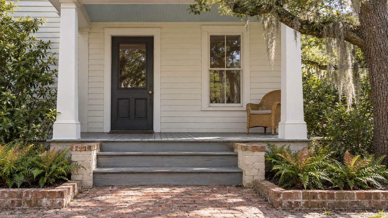 Ivory clapboard cottage porch with worn brick approach, gray wooden steps, a charcoal glazed door and a woven chair beneath pale blue beadboard.