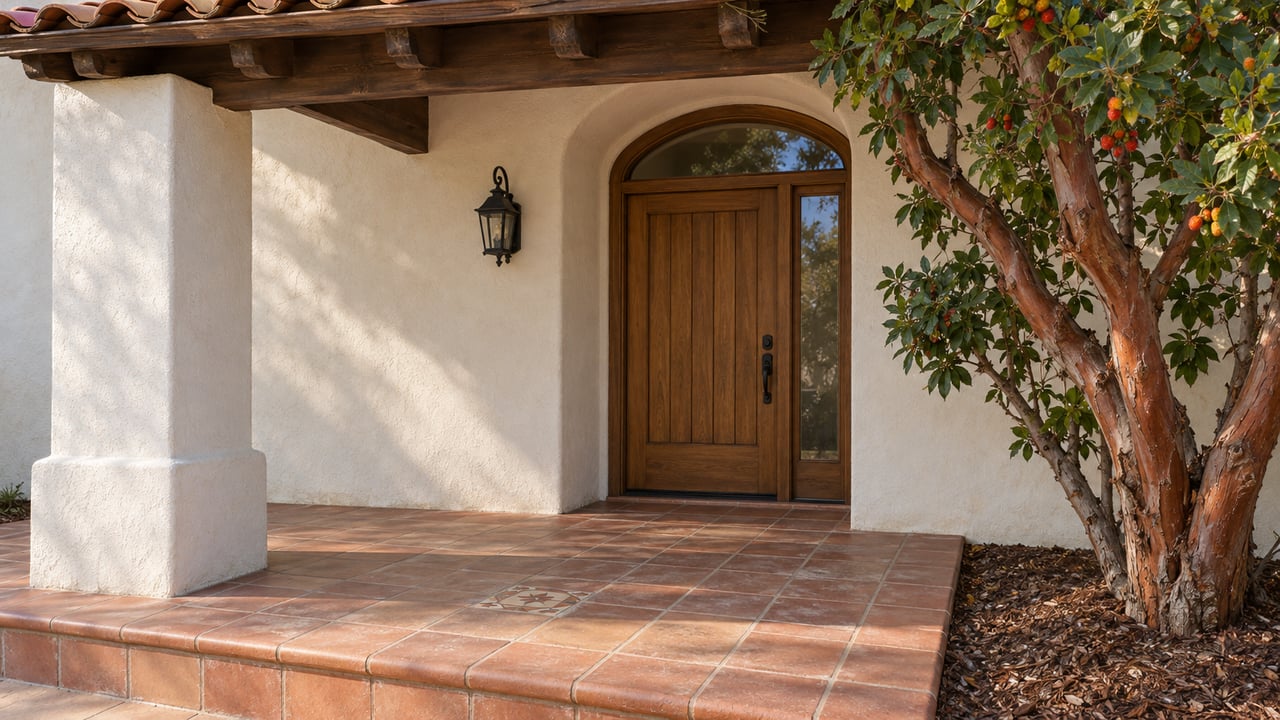 Sunlit white-stucco entry with terracotta tiles, exposed timber rafters, a closed wooden door and a strawberry tree beside the raised porch.