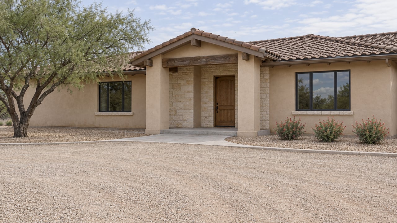 Single-story stucco ranch home with a tiled roof, timber entry beam, broad gravel forecourt and carefully spaced dry-climate planting.