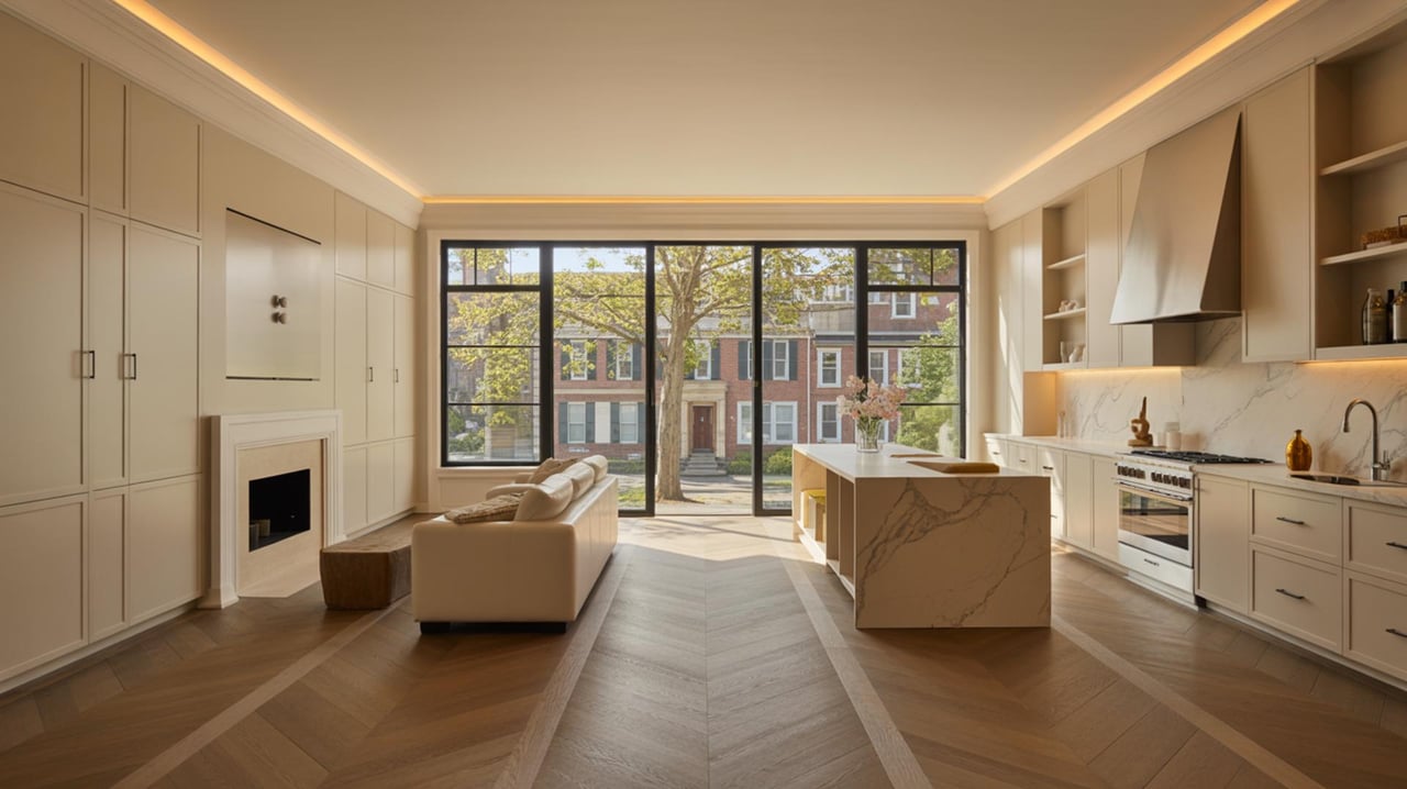 Open-plan kitchen and living room with a marble island and large windows overlooking brick townhouses.