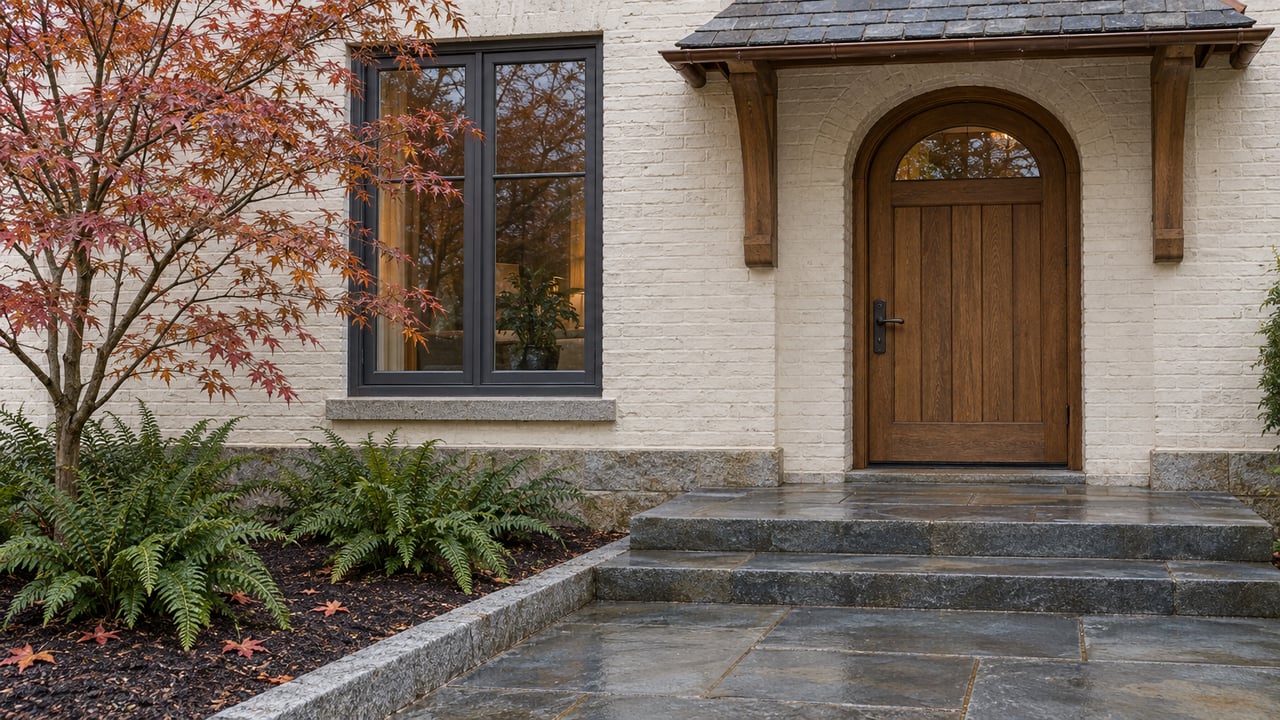 Ivory painted-brick home with an arched oak entry, damp bluestone steps, and a copper-leaved vine maple above sword ferns.