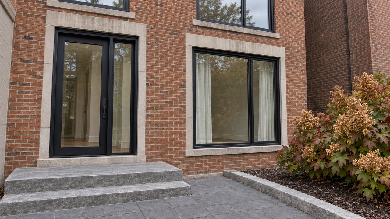 Red-brown brick duplex entrance with black-framed windows, limestone steps and an oakleaf hydrangea in an edged planting bed.