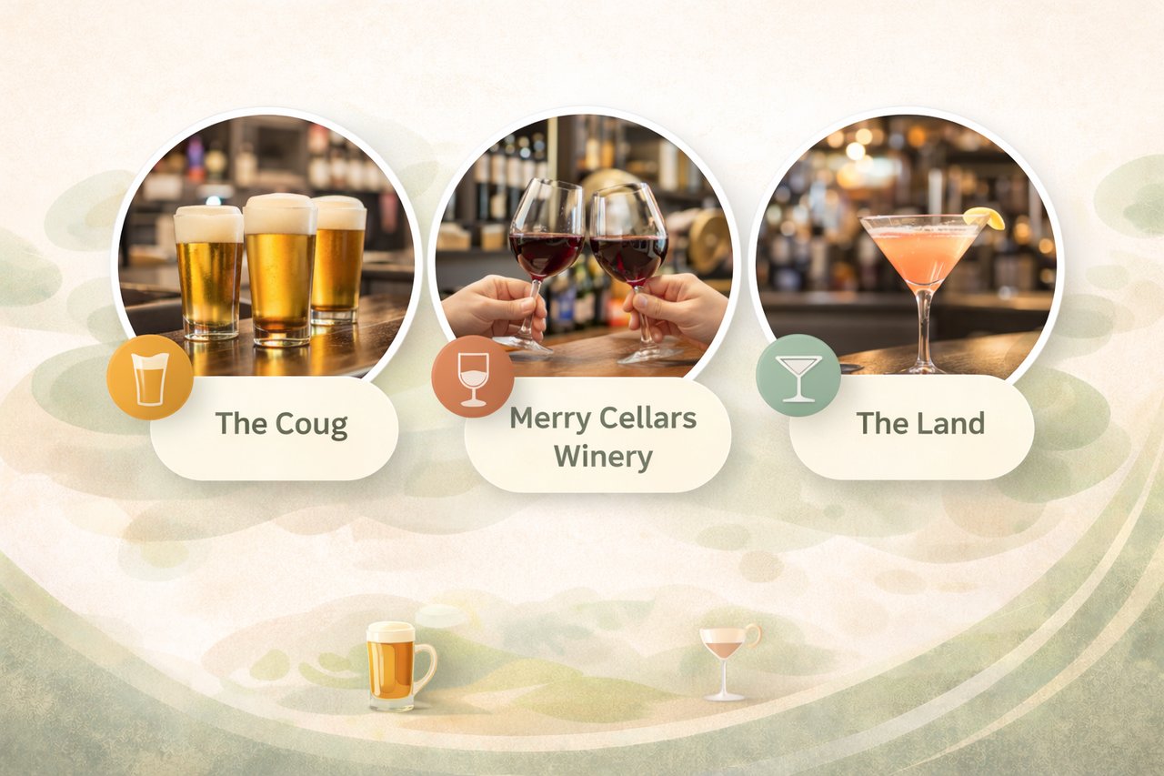Clean modern graphic for Best Drinks in Pullman WA featuring The Coug, Merry Cellars Winery, and The Land with subtle drink icons