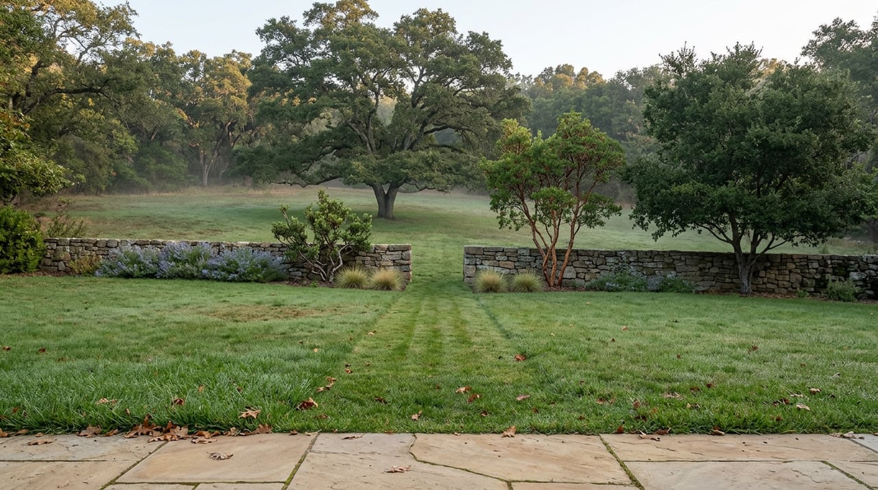 Sloped lawn with a mown path leading to an opening in a fieldstone wall, beneath oak trees.