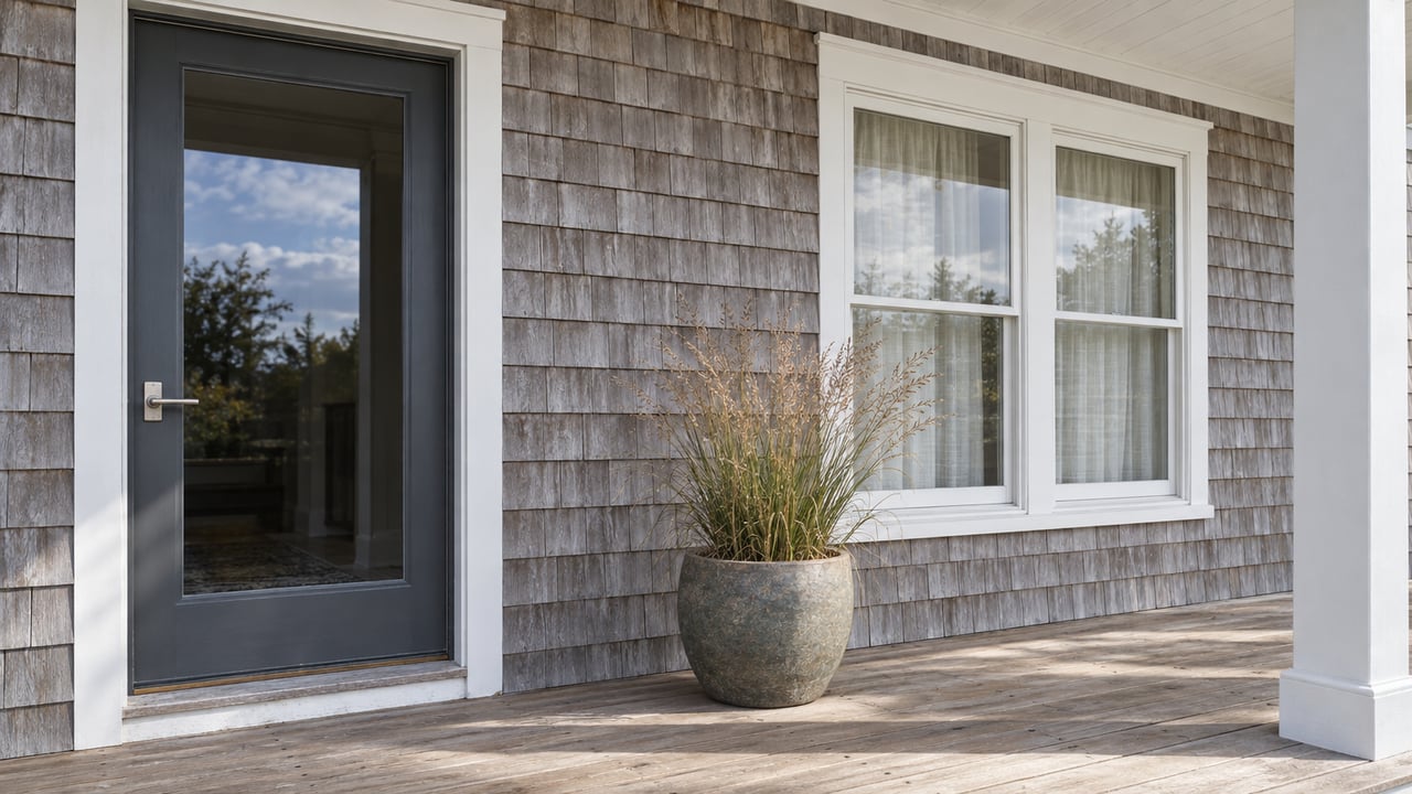 Home porch with weathered gray shingles, a dark entry door, white-trimmed windows, and potted grass.