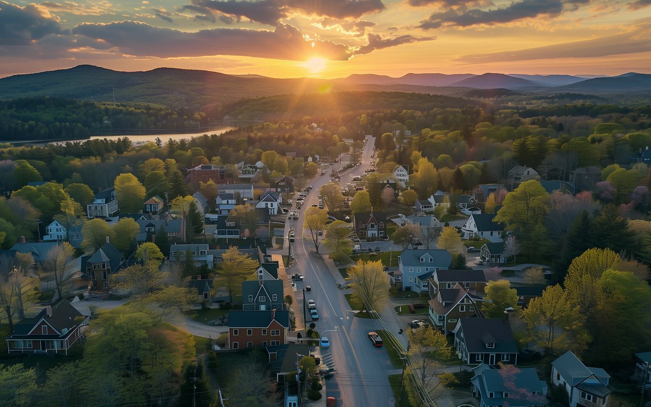 Aerial view of a tree-lined neighborhood and lake at sunset, with wooded hills in the distance.