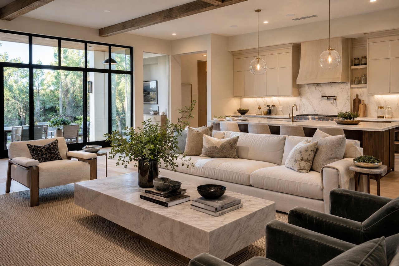 Bright, open-concept luxury home interior featuring timeless design elements including wide-plank hardwood floors, exposed wood beams, marble countertops, custom cabinetry, elegant lighting, and seamless indoor-outdoor living—showcasing classic features that enhance long-term home value.
