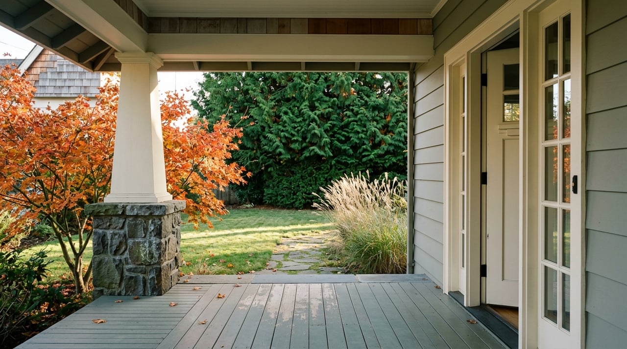Covered porch with a stone column, sage-gray siding, and an orange-red vine maple beside feathery ornamental grasses.