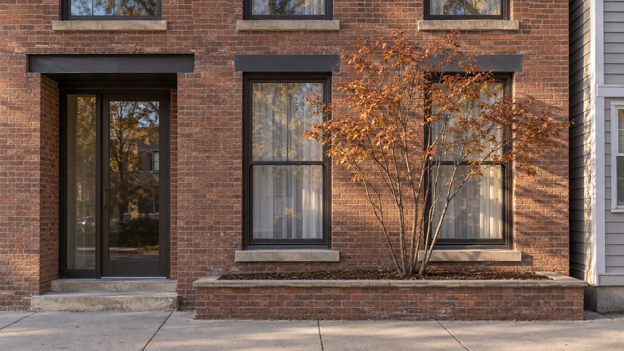 Converted red-brown brick building with a recessed glass entry, tall windows, and a small tree in a planter.