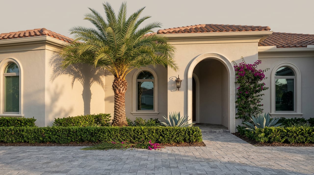 Mediterranean villa entry with an arched stucco portico, terracotta roof tiles, and a palm casting shadows across the facade.