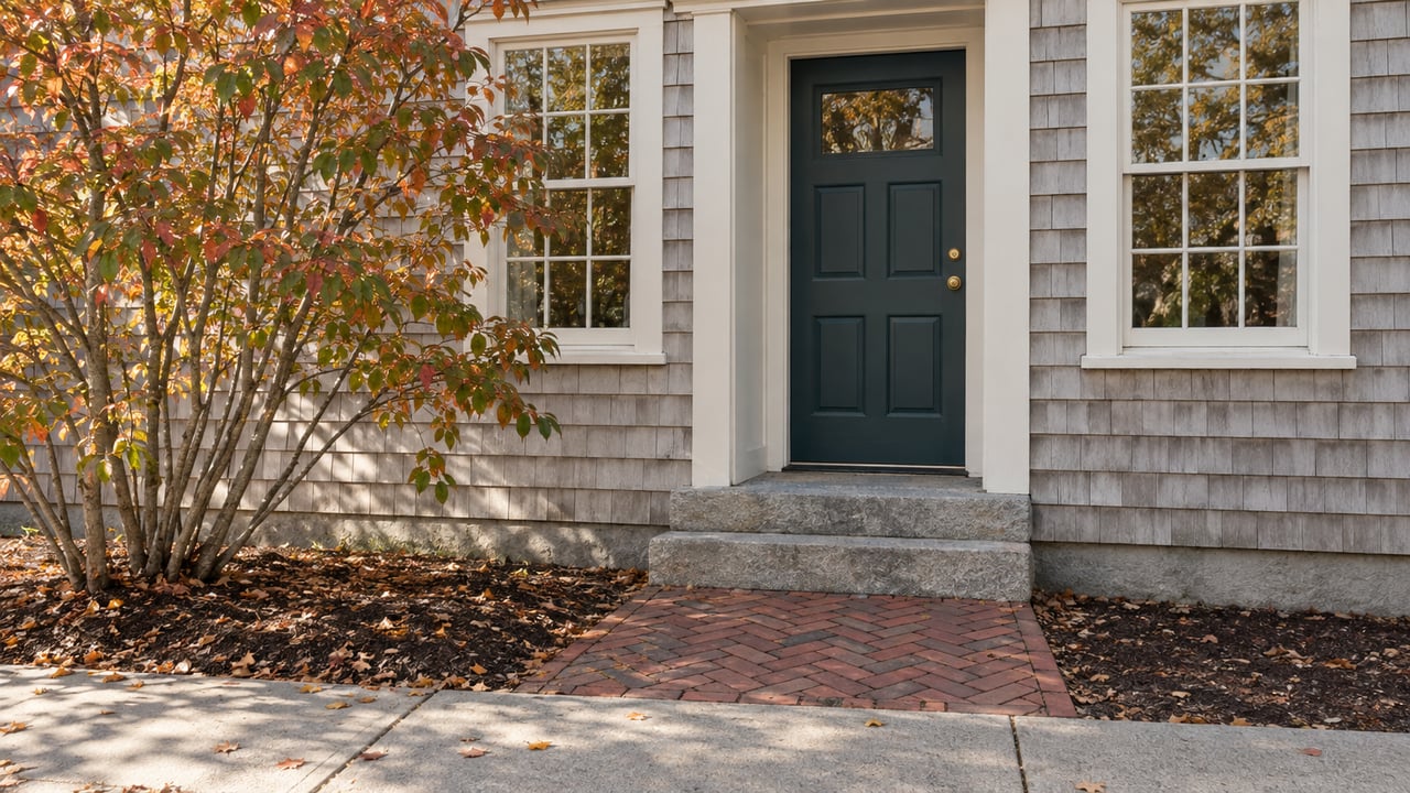 Teal front door in a shingled house, beside sash windows, a russet serviceberry, brick path, and granite steps.
