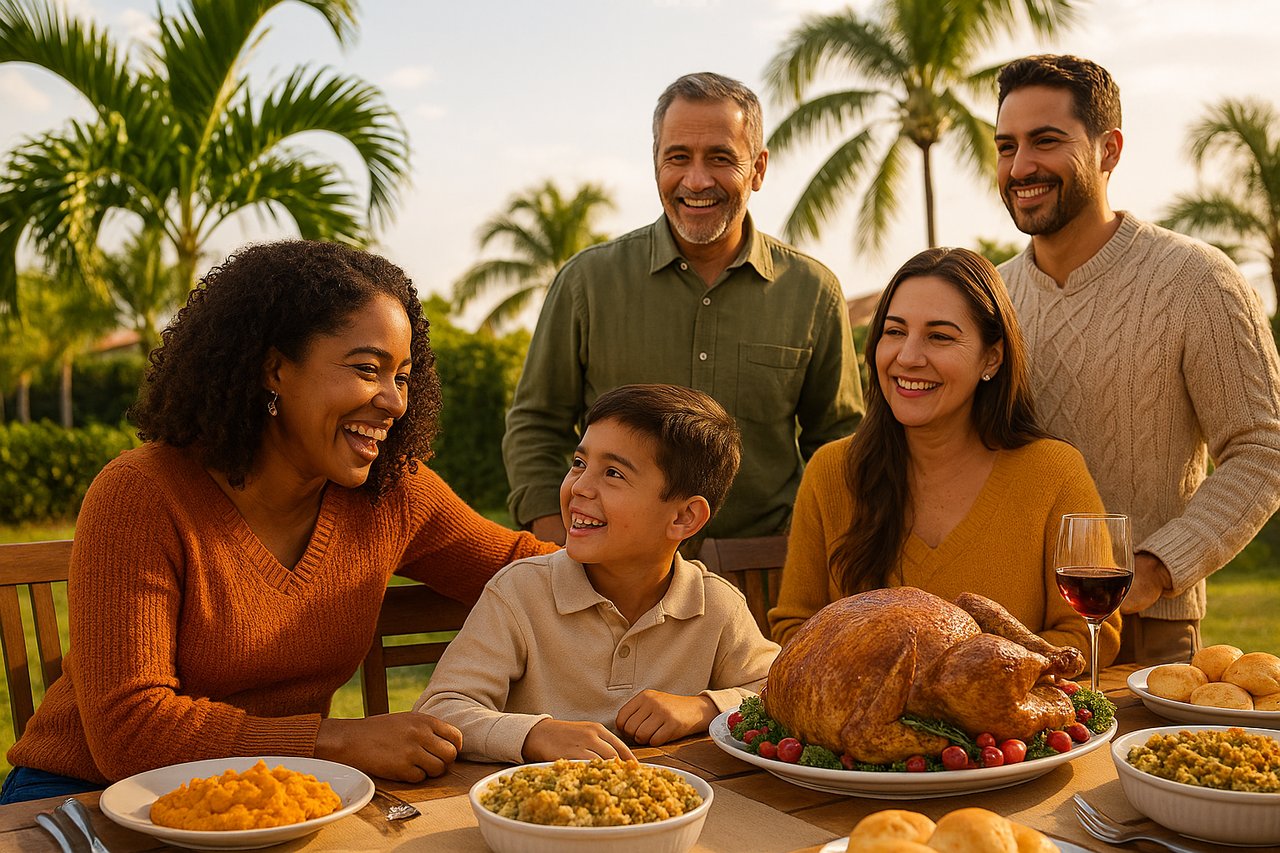 Miami family enjoying a sunny outdoor Thanksgiving meal surrounded by palm trees and warm weather.