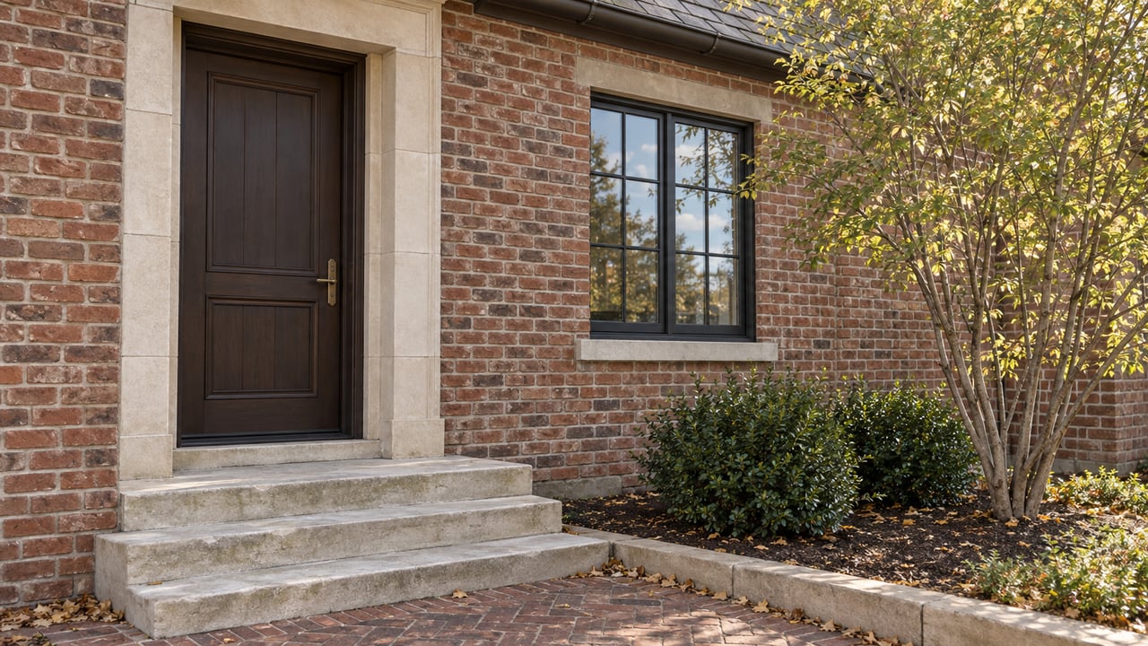 Brick home entrance with a dark timber door, limestone steps, and a small tree beside a divided-light window.