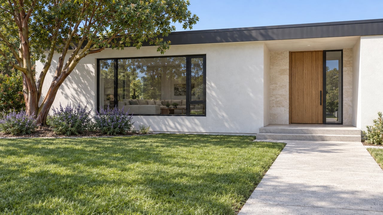Low-roof contemporary home with pale stucco, black-framed windows, an oak entry and a deep front lawn shaded by a sculptural tree.