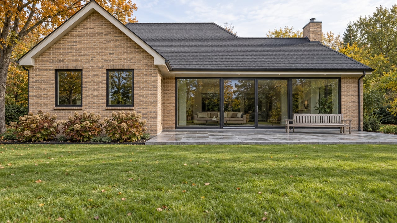 A brick home with large glass doors overlooks a limestone terrace and broad lawn beside an amber-leaved maple.