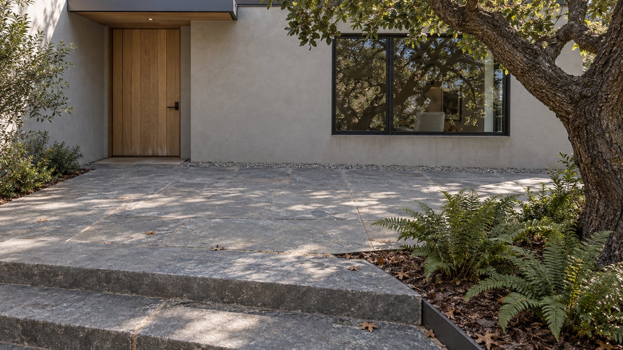 An oak-shaded modern home entrance with gray stone steps, a recessed wood door and black-framed glazing.
