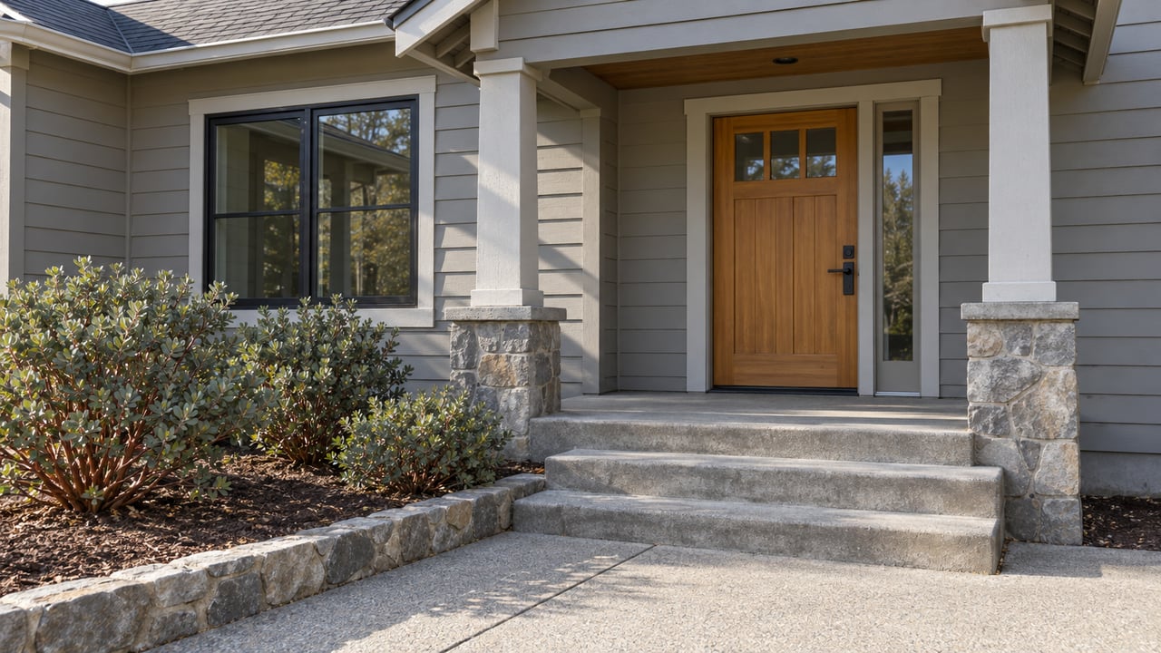 Sunlit lap-sided home entry with a timber door, concrete steps and manzanita beside a stone-edged walkway.
