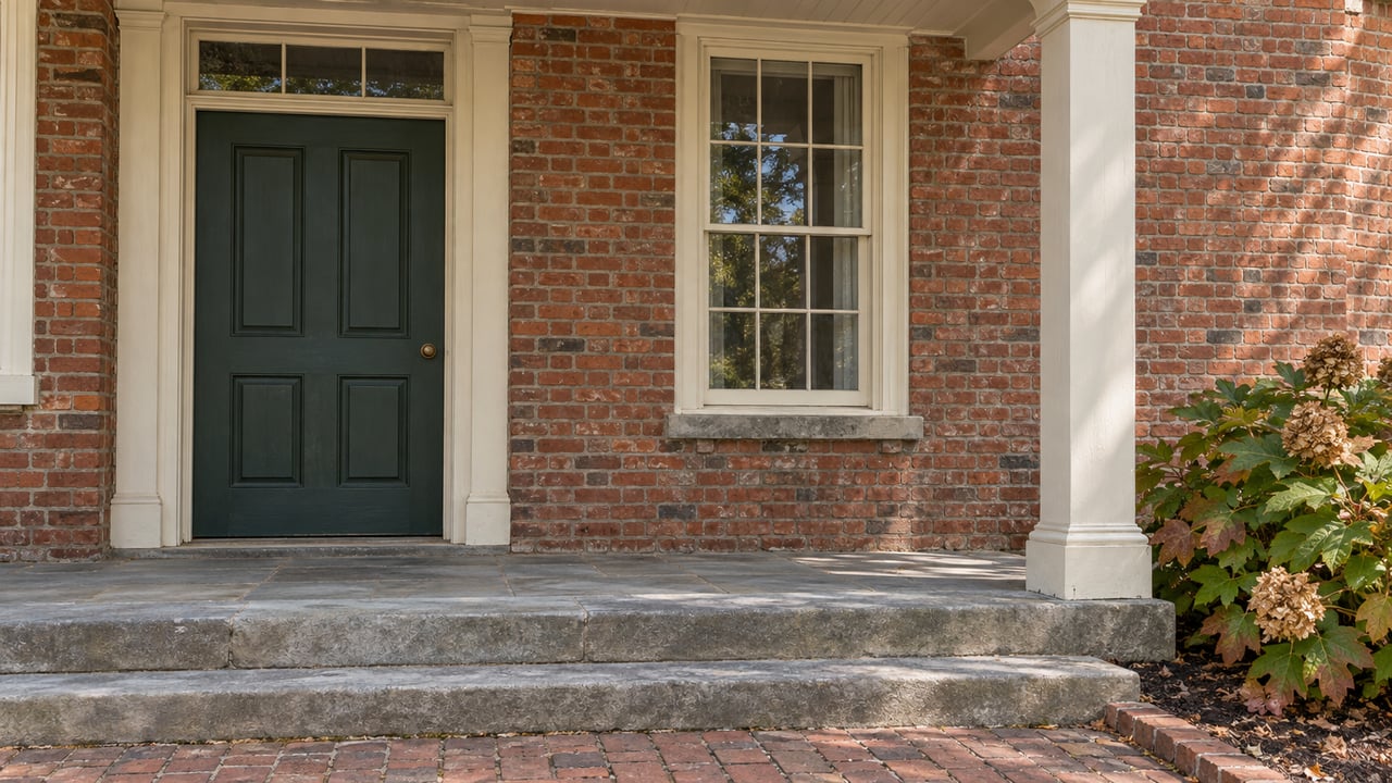 Historic brick home's covered entry with a muted green door, cream-painted wood column, tall sash window and worn limestone steps.