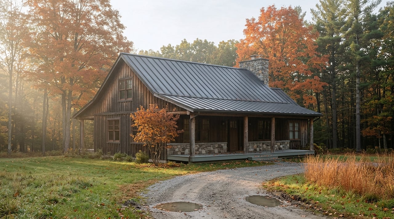 Timber-and-stone country home with a curving gravel drive, backed by dense autumn hardwood forest.