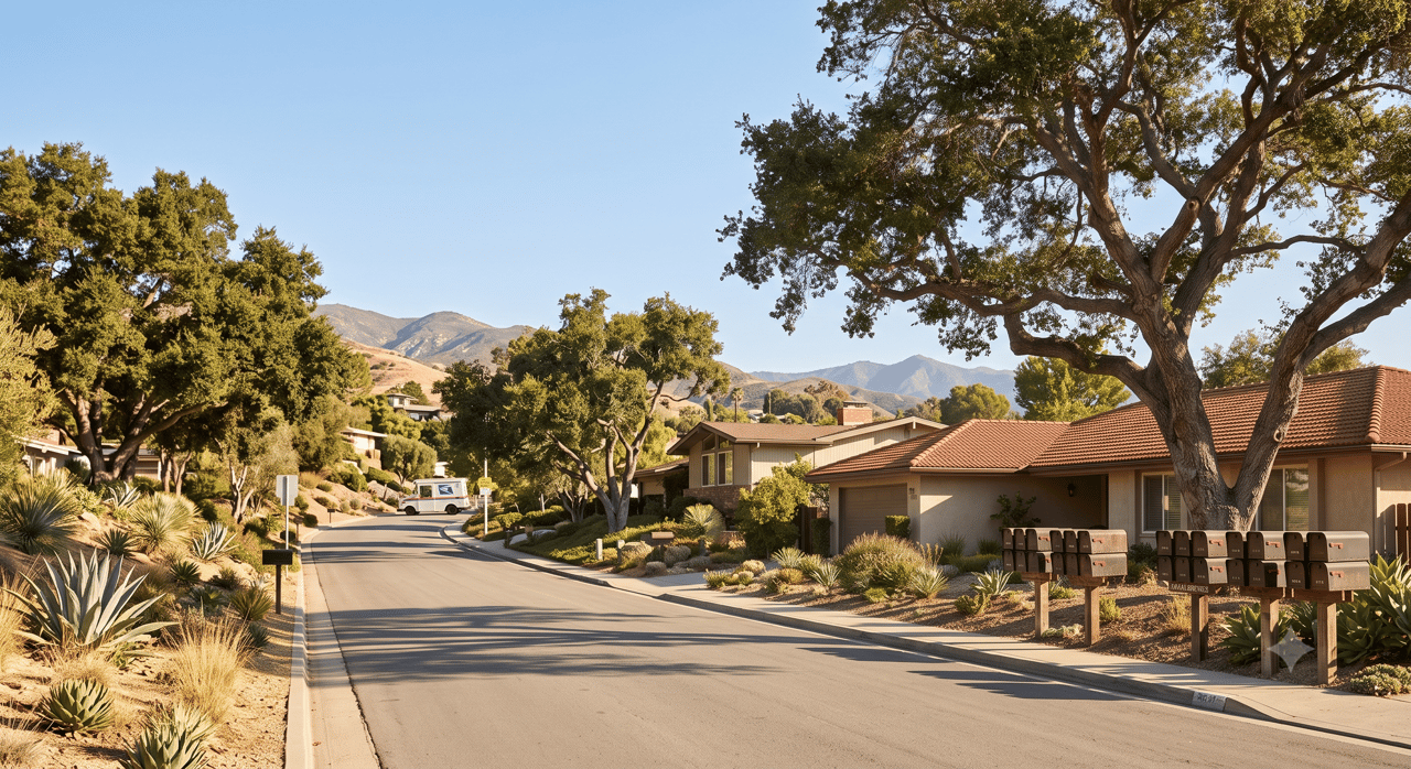 Woodland Hills residential street with terracotta-roofed homes, mature trees, and distant mountains.