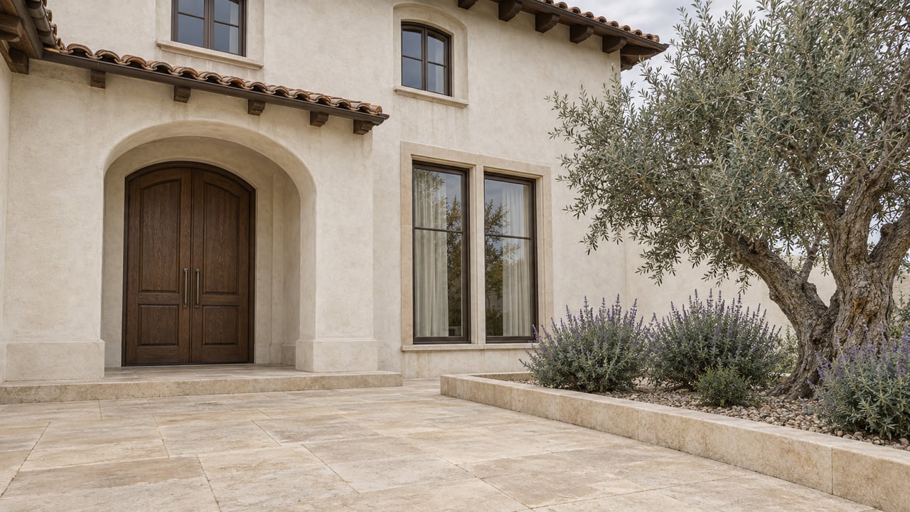 Low-angle view across a limestone terrace toward an ivory stucco home with arched oak double doors, bronze windows and a sculptural olive tree.