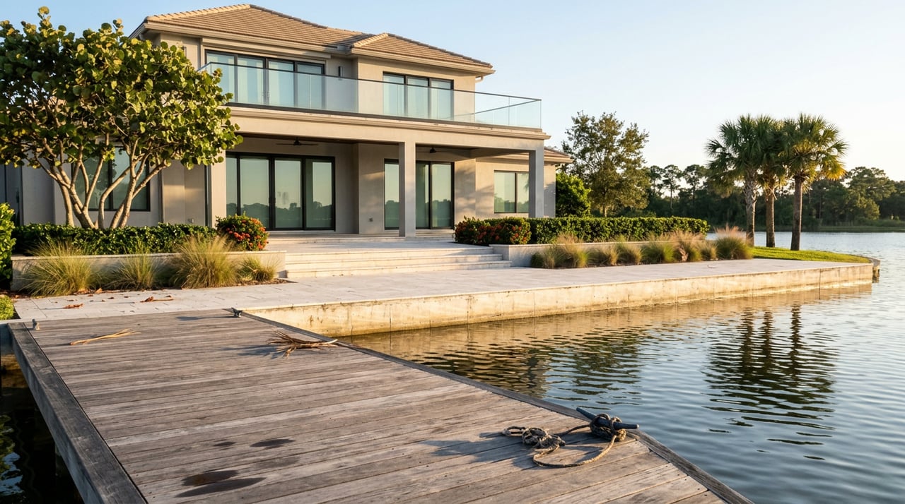 Private dock and rippling lake lead to a travertine terrace, glass balcony, and terracotta-roofed home.