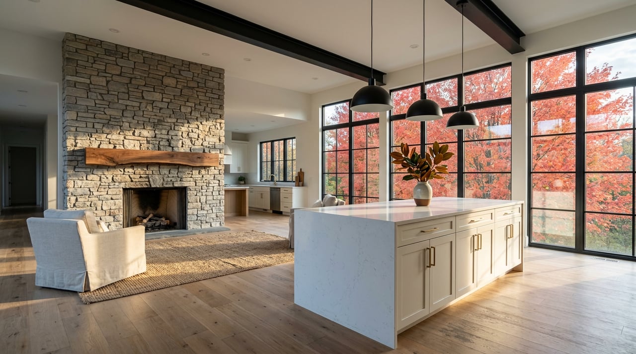 Open-plan great room with a fieldstone fireplace, white kitchen island, and black-framed windows overlooking a red-orange maple.