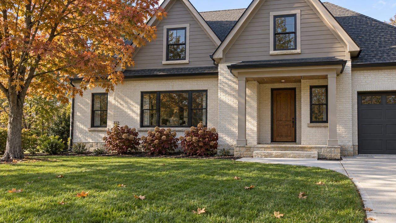 An ivory-brick and taupe-sided suburban home behind a deep green lawn, with russet maple leaves and a curved front walk.