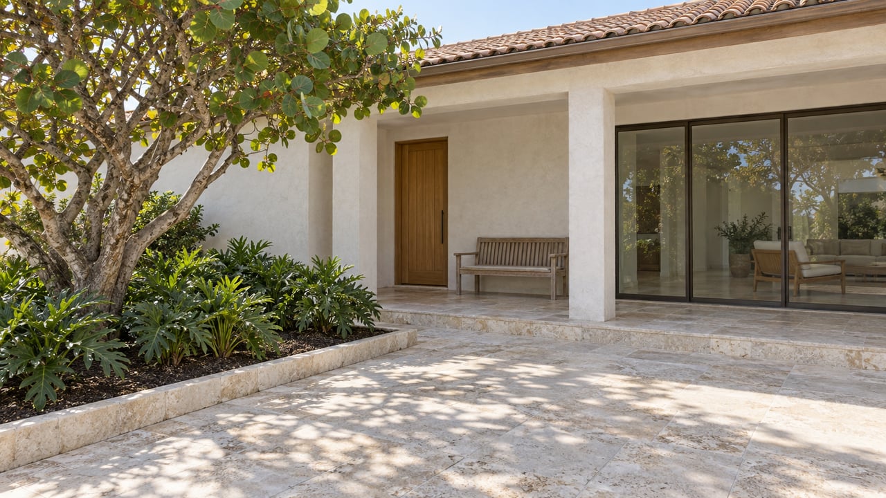 White stucco home with a terracotta roof, shaded teak entry terrace, pale stone approach and a sculptural broad-leaved tree.
