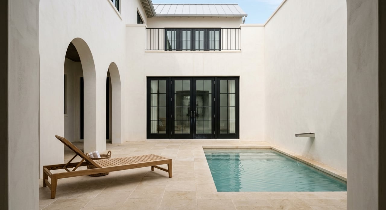Luxury courtyard with a narrow plunge pool, arched loggia, limestone paving, and a teak chaise.