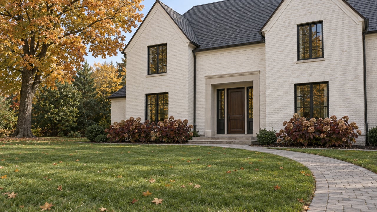 Painted-brick home with limestone entry steps, black-framed windows, a broad lawn, and autumn maple foliage.