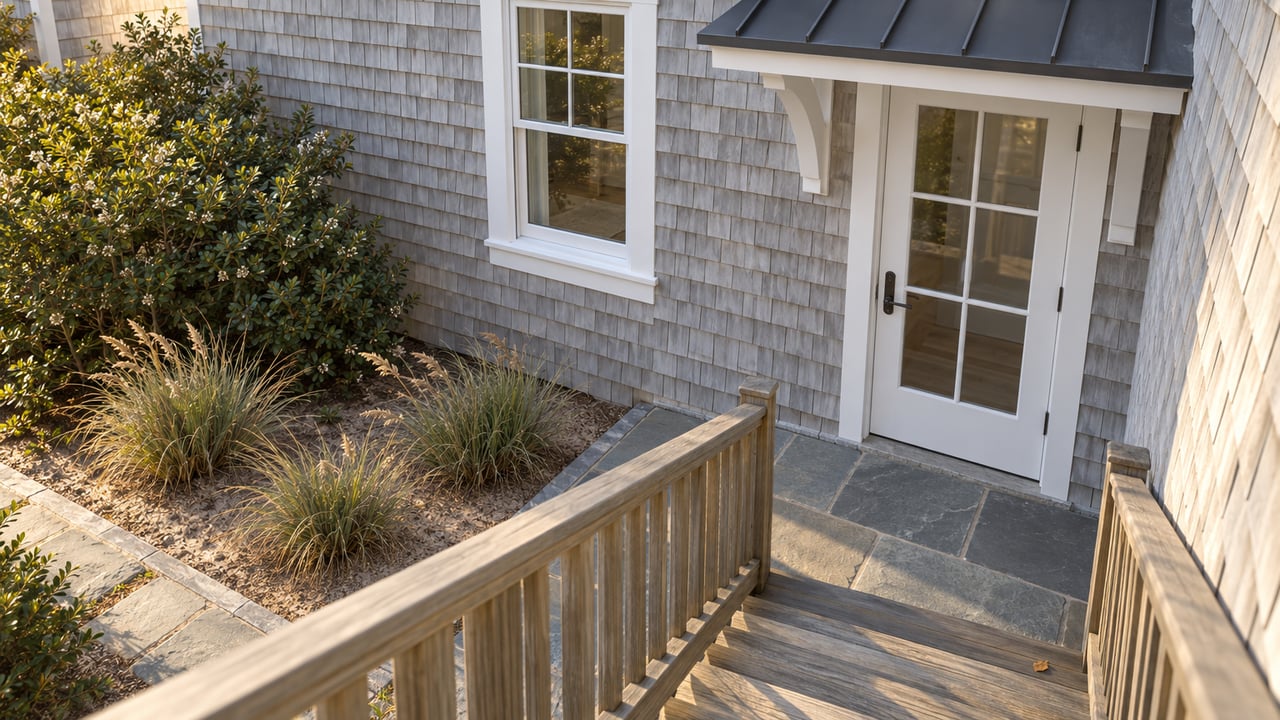 Cedar-shingled coastal home with a white entry door, timber stairs, bluestone landing, and sandy planting bed.